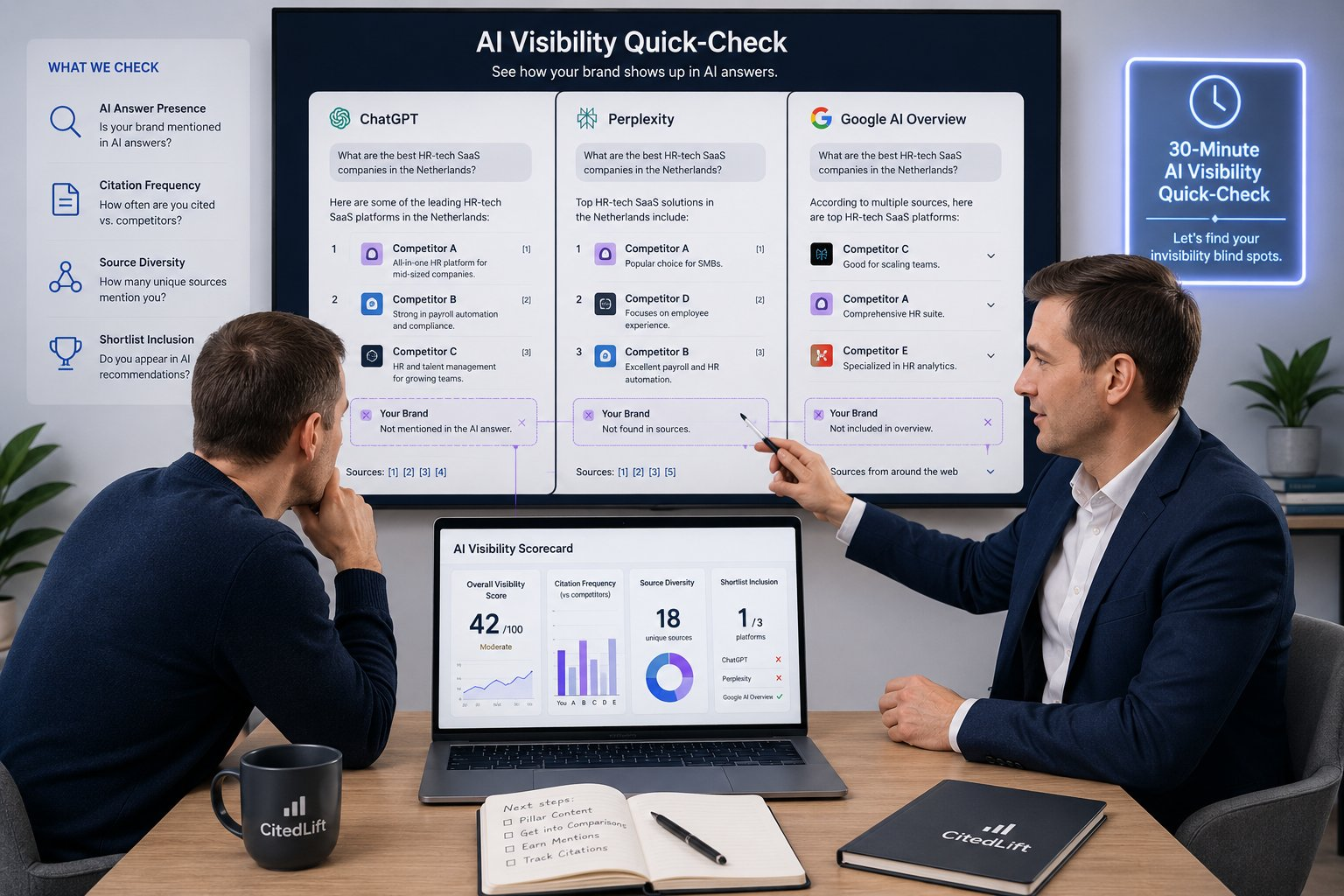 Founder and consultant reviewing brand visibility in ChatGPT, Perplexity, and Google AI Overview answers.
