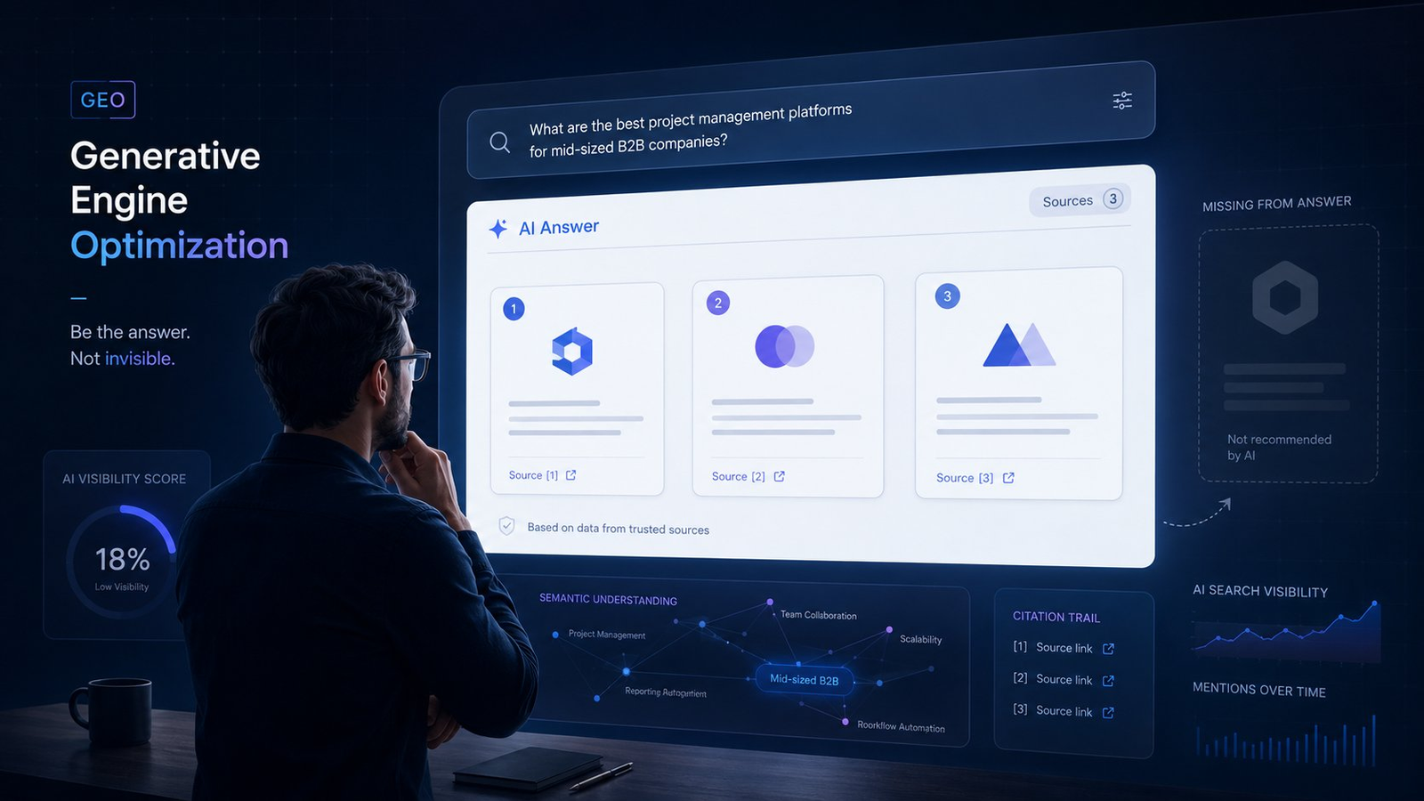 AI answer interface showing competitors cited while one relevant B2B SaaS brand is missing